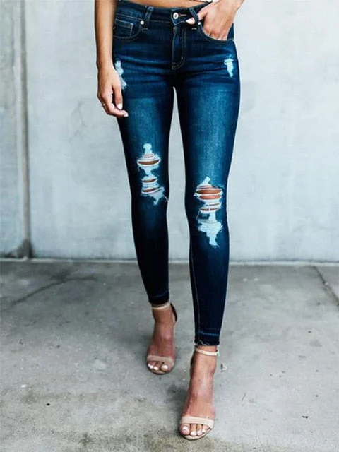 2019 new Classic Distressed Jeans Women Mid Waist Stretchy Ripped True Denim Pants Skinny Pencil Jeans Woman