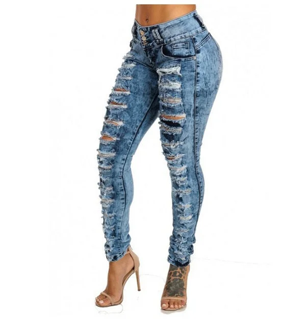 2019 new fashion casual commute hole high waist small feet buttonhole jeans women's clothing