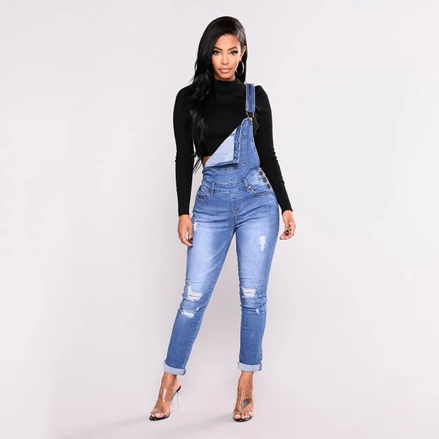 2019 new fashion casual commuter hole fashion elastic one-piece denim overalls women's jeans