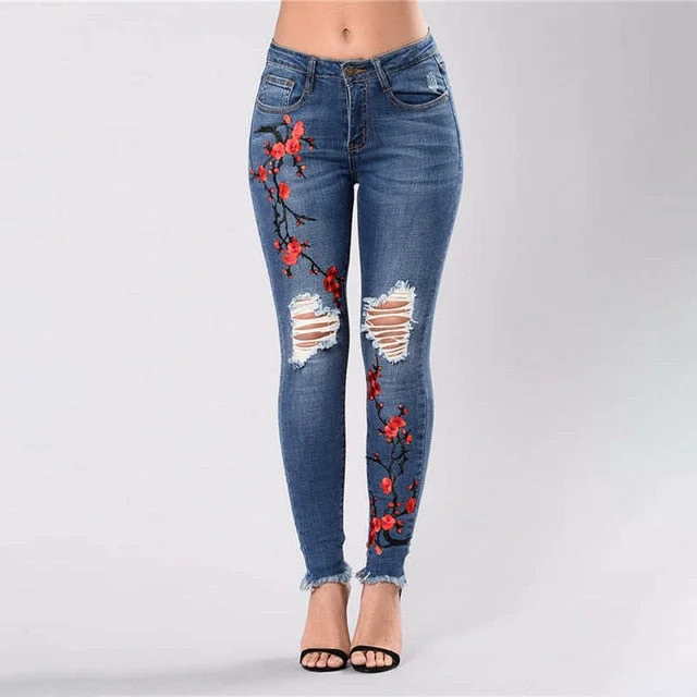 2019 new fashion casual commuter shopping hole embroidery high elastic denim pants pants trousers women