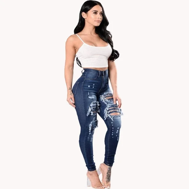 2019 New Fashion casual Ultra Stretchy Blue Ripped Jeans Woman Denim Pants Trousers For Women Pencil Skinny Jeans