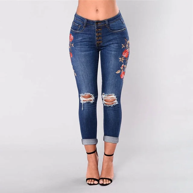 2019 new Fashion hole embroidered stretch denim pants pants commute jeans woman high waist boyfriend jeans for women