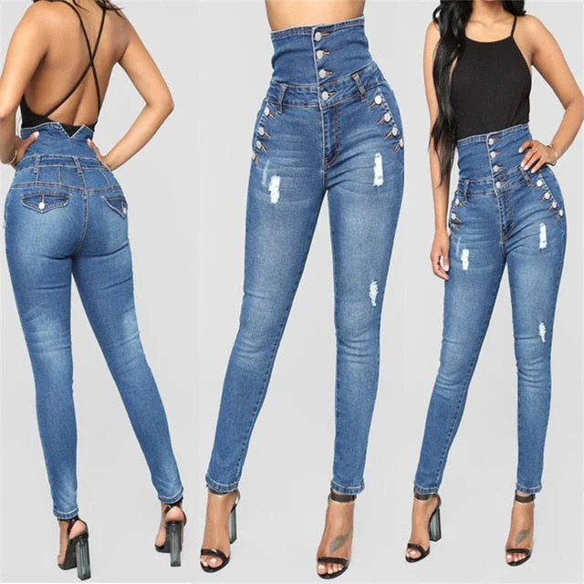 2019 new fashion wild casual commuter new high waist four-row buckle stretch Slim pants jeans women