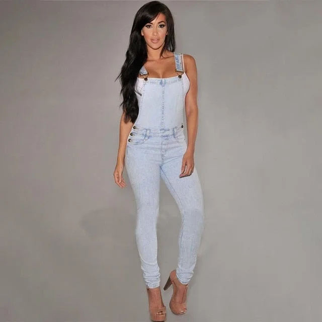 2019 new fashion women casual commuter fashion elastic one-piece denim overalls women's jeans Light cowboy