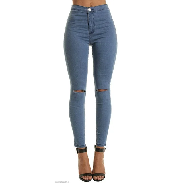 2019 Summer and Autumn Women Destroyed Denim Jeans Skinny Hole Pants High Waist Stretch Jeans Slim Pencil Trousers