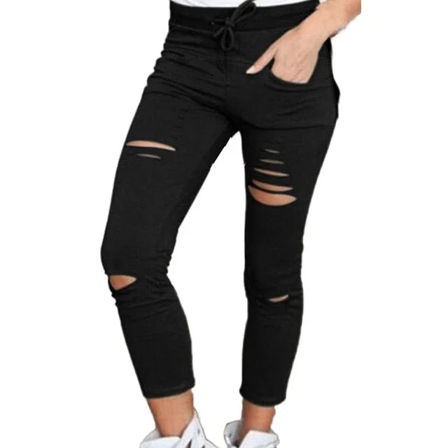 2019 Women Fashion Cotton Hole Pencil Pants Skinny Nine Points Pants High Waist Stretch Jeans Slim Pencil Trousers Capris Hot