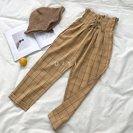 CamKemsey Japanese Harajuku Casual Pants Women 2019 Fashion Lace Up High Waist Ankle Length Loose Plaid Harem Pants