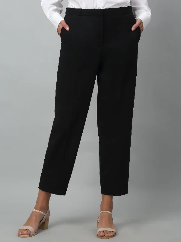 Cantabil Black Solid Lycra Non Pleated High Rise Regular Fit Formal Trousers For Women