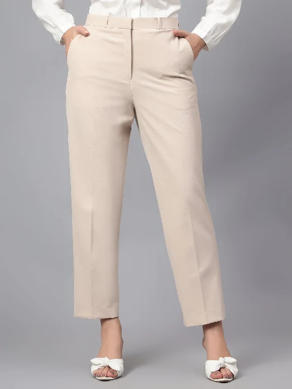 Cantabil Women's Beige Solid Non-Pleated Formal Trouser