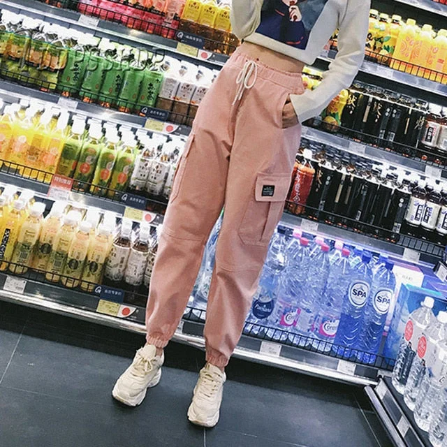 Cotton High Waist Cargo Pants 2019 Spring Pink Khaki Black Female Trousers