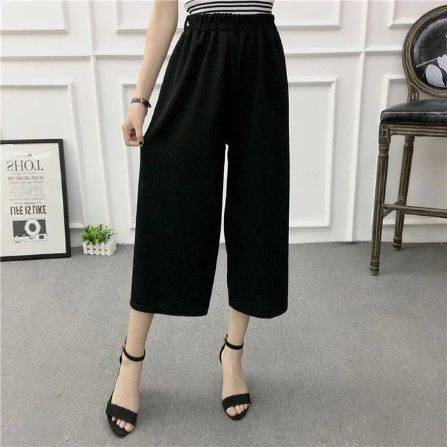 ETOSELL Women New Summer Wide Leg Pants Casual Loose High Elastic Waist Harem Pants Loose Belt Striped Elasticated Trousers