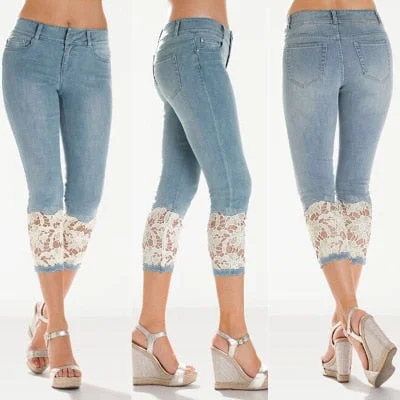 Jeans Woman 2019 Lace Jean Femme Plus Size Ladies Jeans Summer Push Up Pencil Pants Women Big Size White Blue