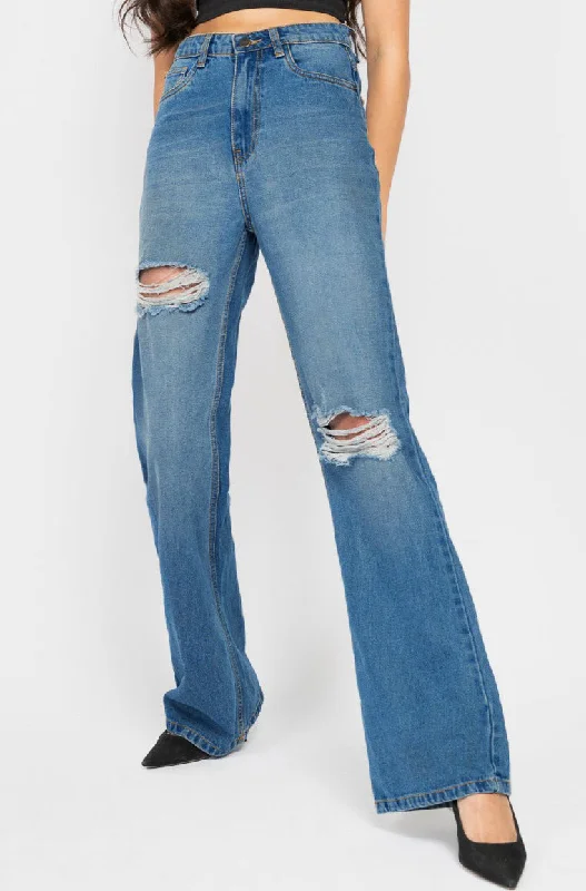 Mid Blue Distress Bootcut Jeans