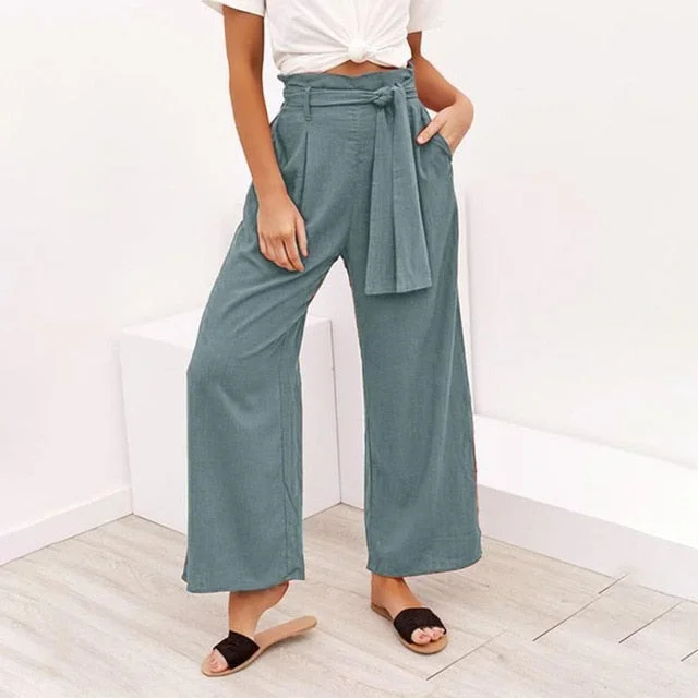 Nadafair Casual High Waist Straight Pant Women Belted Wide Leg Capris Trouser Spring Summer Ankle-length Pants Female