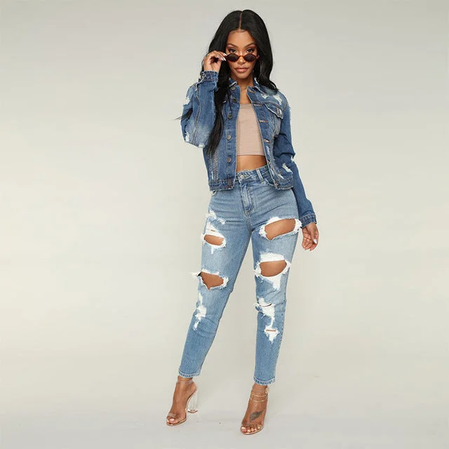 New Ultra Stretchy Blue Tassel Ripped Jeans Woman Denim Pants Trousers For Women Pencil Skinny Jeans  2019 summer