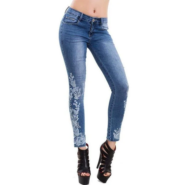 Plus Size 5XL Women Stretch High Waist Skinny Embroidery Jeans Ripped Woman Floral Denim Pants Trousers Women Jeans Pencil Pants