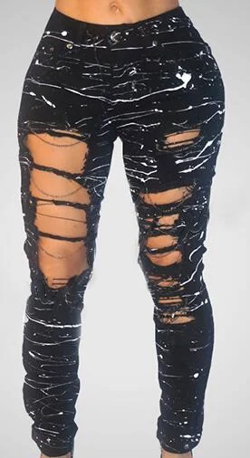 Ripped Jeans for Women 2018 New Mid-waist Hole Chain Jeans Paint Pants Skinny Destroyed Pants Hole Trousers Stretch Jeans