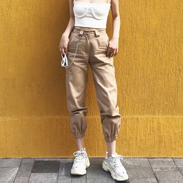 Spring vintage chain black cargo pants women high waist pants joggers baggy trousers women streetwear plus size