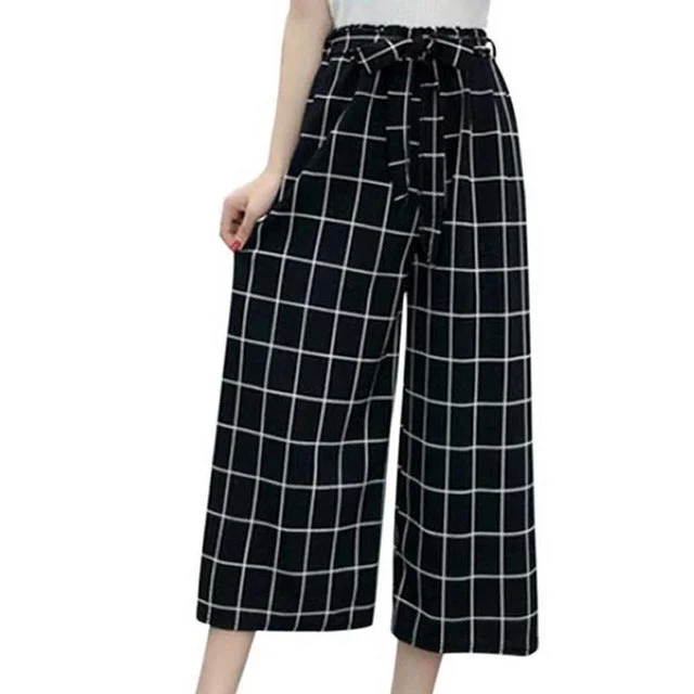 Summer New Striped Style Black Loose High Waist Crop Casual Pants Women One Size Chiffon Wide-leg Pants Plus Size