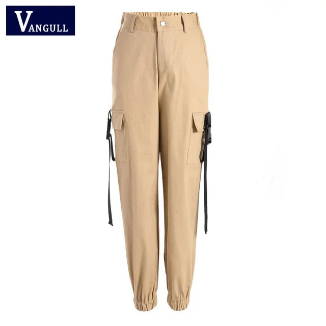 Vangull Black High Waist Cargo Pants Women Pockets Patchwork Loose Streetwear Pencil Pants 2019 Fashion Hip Hop Women's Trousers