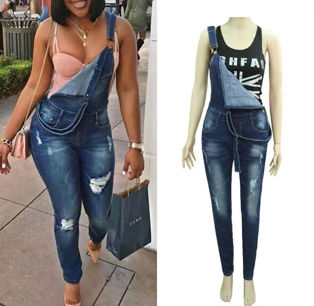 Women Autumn Jumpsuits Spring Fashion Casual Loose Hole Ripped Sleeveless Cowboy Trousers Overalls Long Strap Jeans Pants 2019