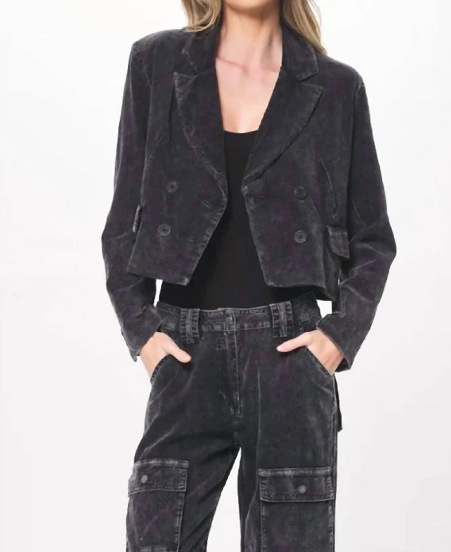 Cropped Cord Blazer W/ Cargo Pocket In Black