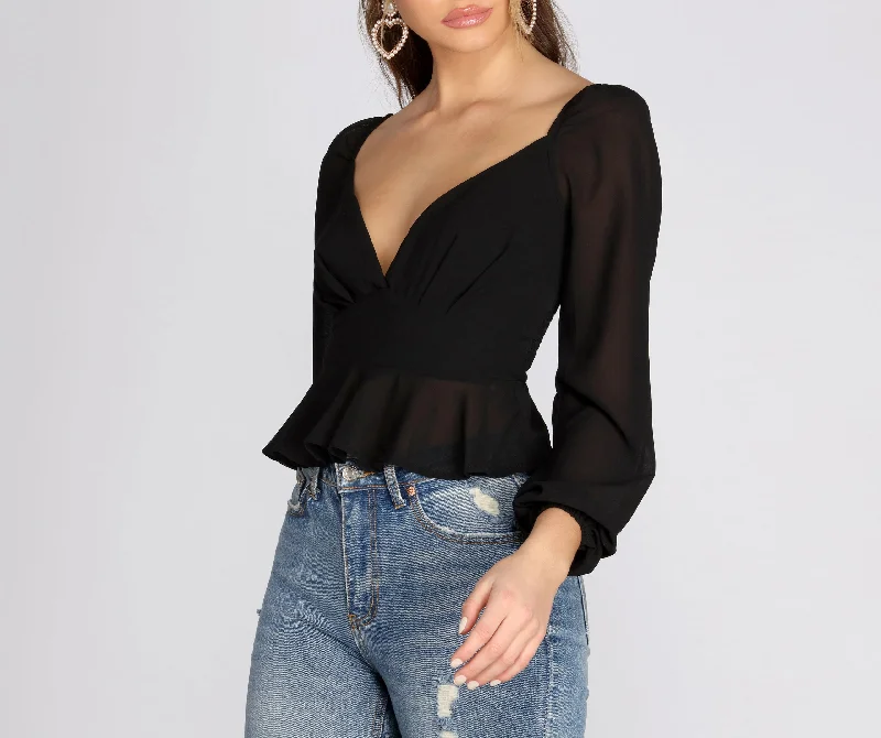 Wrap Front Peplum Chiffon Blouse