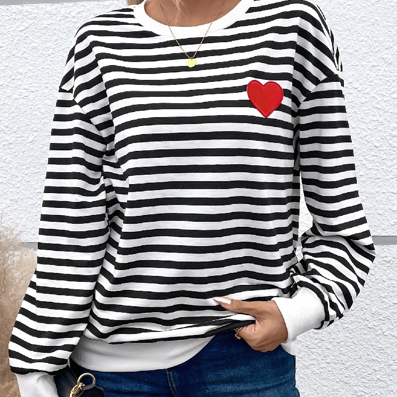 Heart Patch Stripe Print Pullover Sweatshirt, Casual Long Sleeve Crew Neck Sweatshirt For Fall & Winter, Women's Clothing