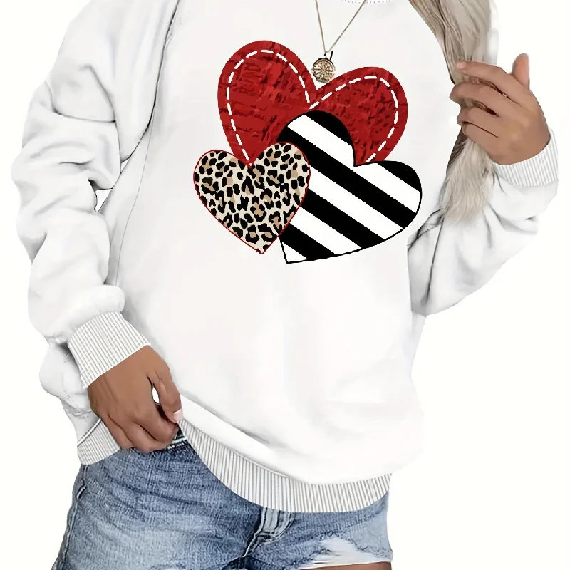 Heart Print Pullover Sweatshirt, Casual Long Sleeve Crew Neck Sweatshirt, Women's Clothing