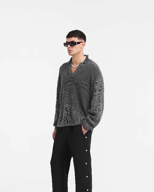 Ribbed Knit Oversized Polo - Washed Black