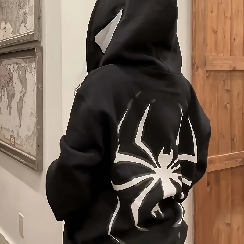 Spider & Letter Print Zip-up Hoodie, Casual Long Sleeve Hoodie Jacket, Women's Clothing