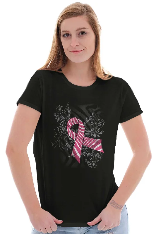 Pink And White Ribbon Ladies T Shirt