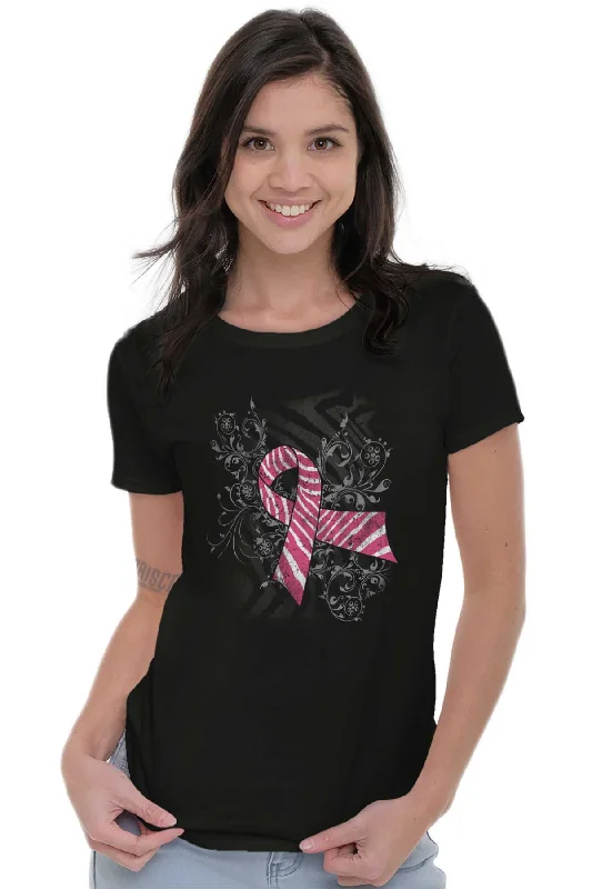 Pink And White Ribbon Ladies T Shirt