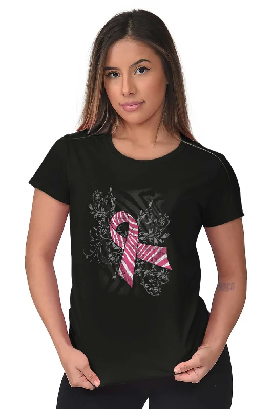 Pink And White Ribbon Ladies T Shirt