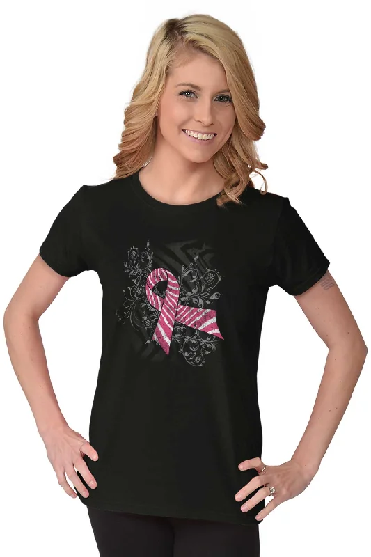 Pink And White Ribbon Ladies T Shirt