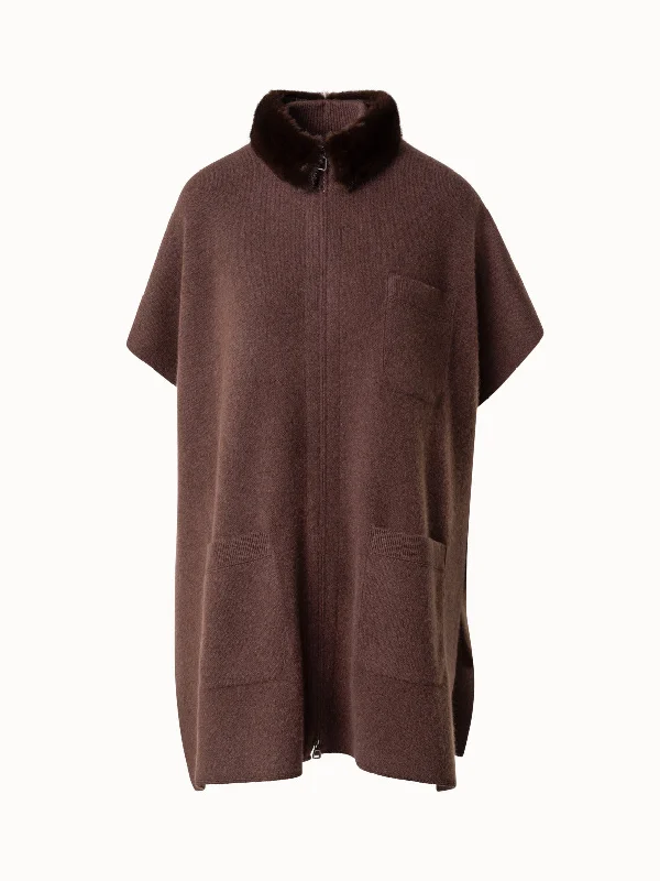 Cashmere Cape with Detachable Mink Fur Collar