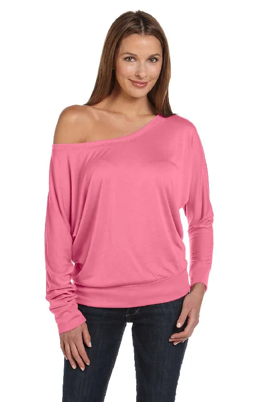 Bella + Canvas Womens Flowy Off Shoulder Long Sleeve Wide Neck T-Shirt - Neon Pink