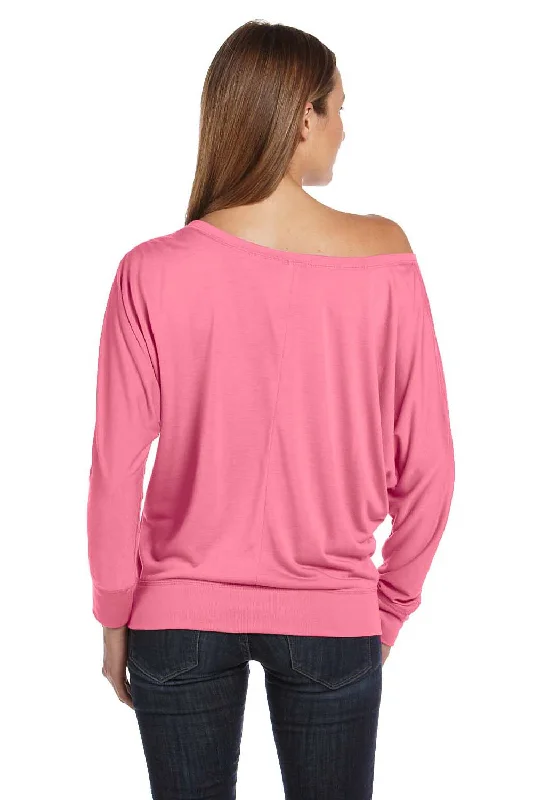 Bella + Canvas Womens Flowy Off Shoulder Long Sleeve Wide Neck T-Shirt - Neon Pink