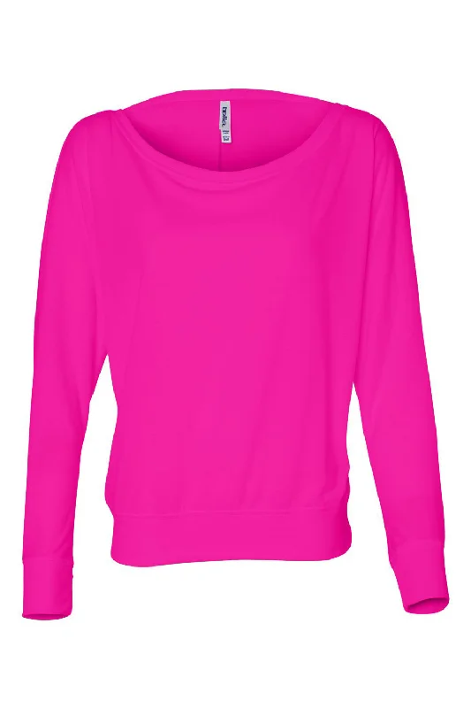 Bella + Canvas Womens Flowy Off Shoulder Long Sleeve Wide Neck T-Shirt - Neon Pink