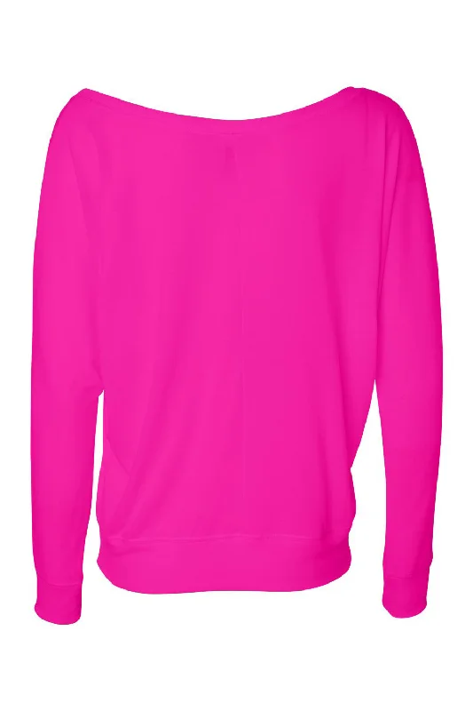 Bella + Canvas Womens Flowy Off Shoulder Long Sleeve Wide Neck T-Shirt - Neon Pink