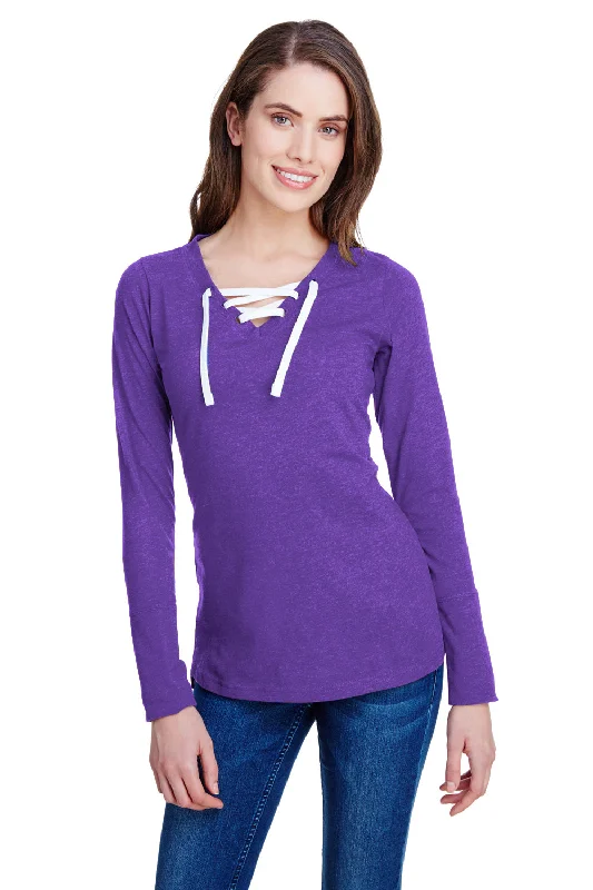 LAT Womens Fine Jersey Lace Up Long Sleeve V-Neck T-Shirt - Vintage Purple