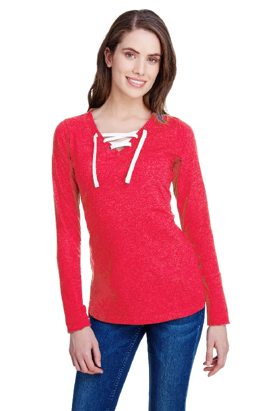 LAT Womens Fine Jersey Lace Up Long Sleeve V-Neck T-Shirt - Vintage Red