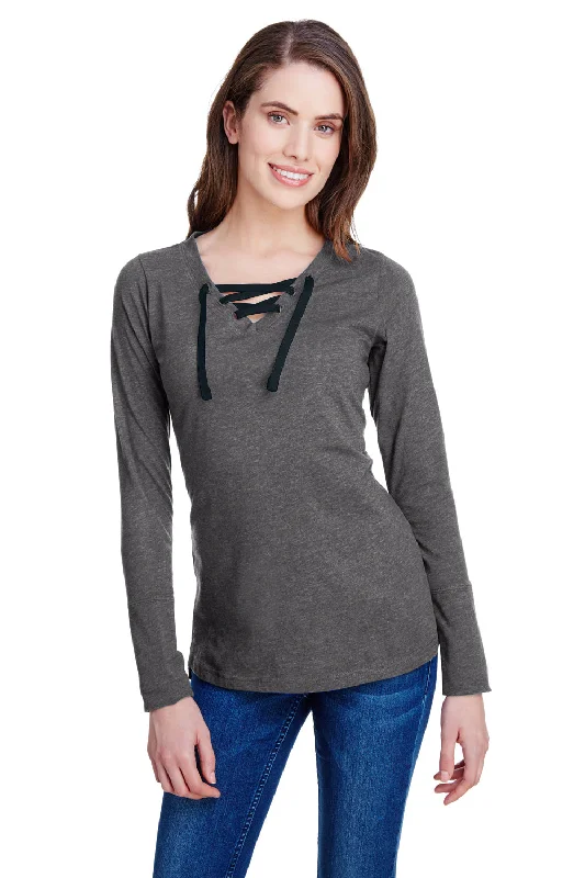 LAT Womens Fine Jersey Lace Up Long Sleeve V-Neck T-Shirt - Vintage Smoke Grey