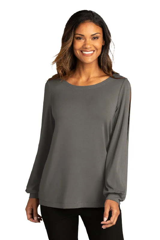 Port Authority Womens Luxe Knit Long Sleeve Wide Neck T-Shirt - Sterling Grey