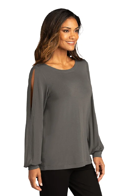 Port Authority Womens Luxe Knit Long Sleeve Wide Neck T-Shirt - Sterling Grey