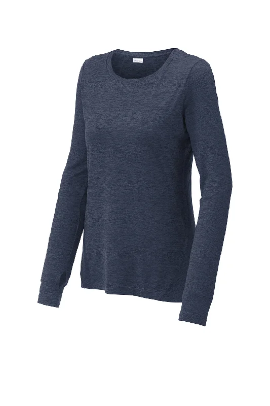 Sport-Tek Womens Exchange 1.5 Long Sleeve Crewneck T-Shirt - Heather Dark Denim Blue