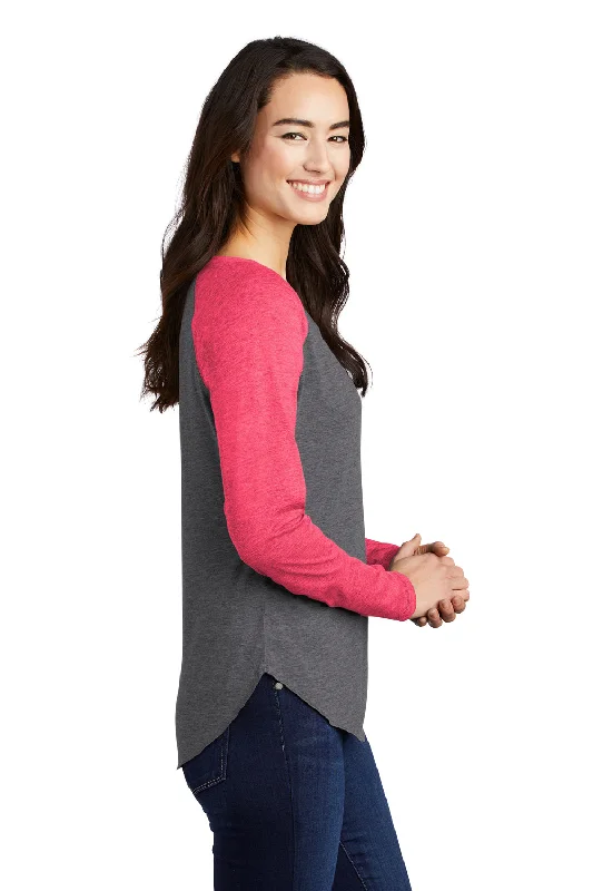 Sport-Tek Womens Moisture Wicking Long Sleeve Scoop Neck T-Shirt - Heather Dark Grey/Heather Raspberry Pink