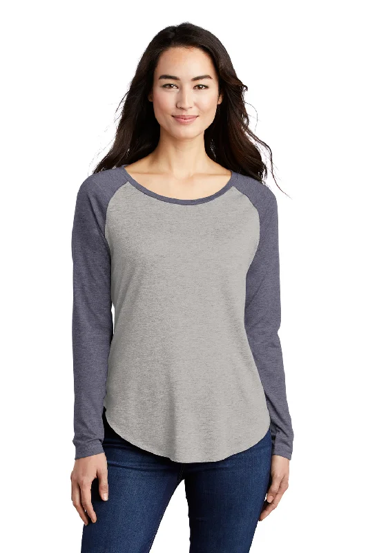 Sport-Tek Womens Moisture Wicking Long Sleeve Scoop Neck T-Shirt - Heather Light Grey/Heather True Navy Blue