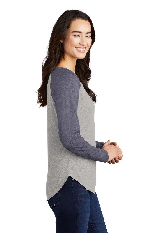 Sport-Tek Womens Moisture Wicking Long Sleeve Scoop Neck T-Shirt - Heather Light Grey/Heather True Navy Blue