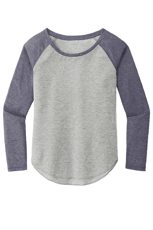 Sport-Tek Womens Moisture Wicking Long Sleeve Scoop Neck T-Shirt - Heather Light Grey/Heather True Navy Blue